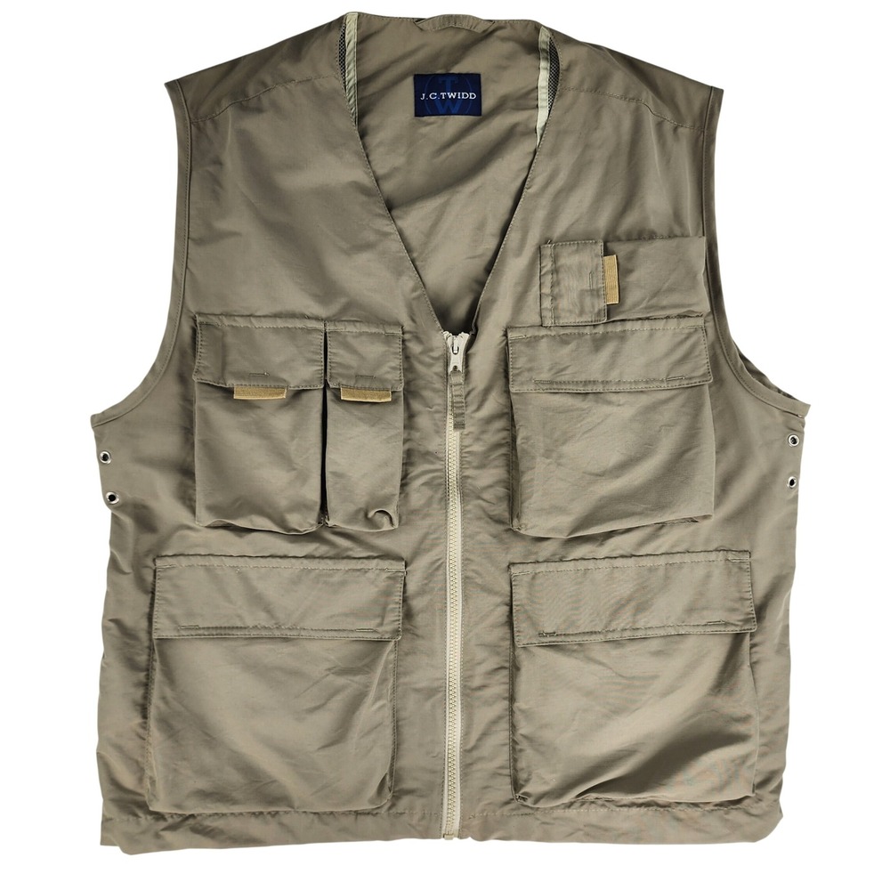 J.C. Twidd Utility Fishing Vest Men M Khaki Full Zip Multi Pocket Safari Outdoor